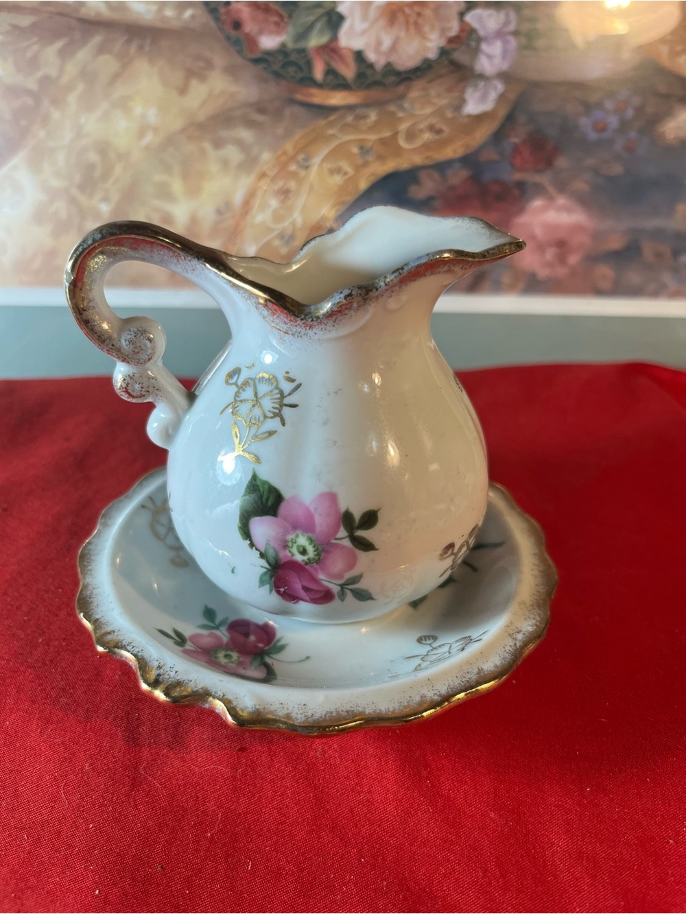 Classic White Porcelain Pitcher and Saucer with Pink Floral Design